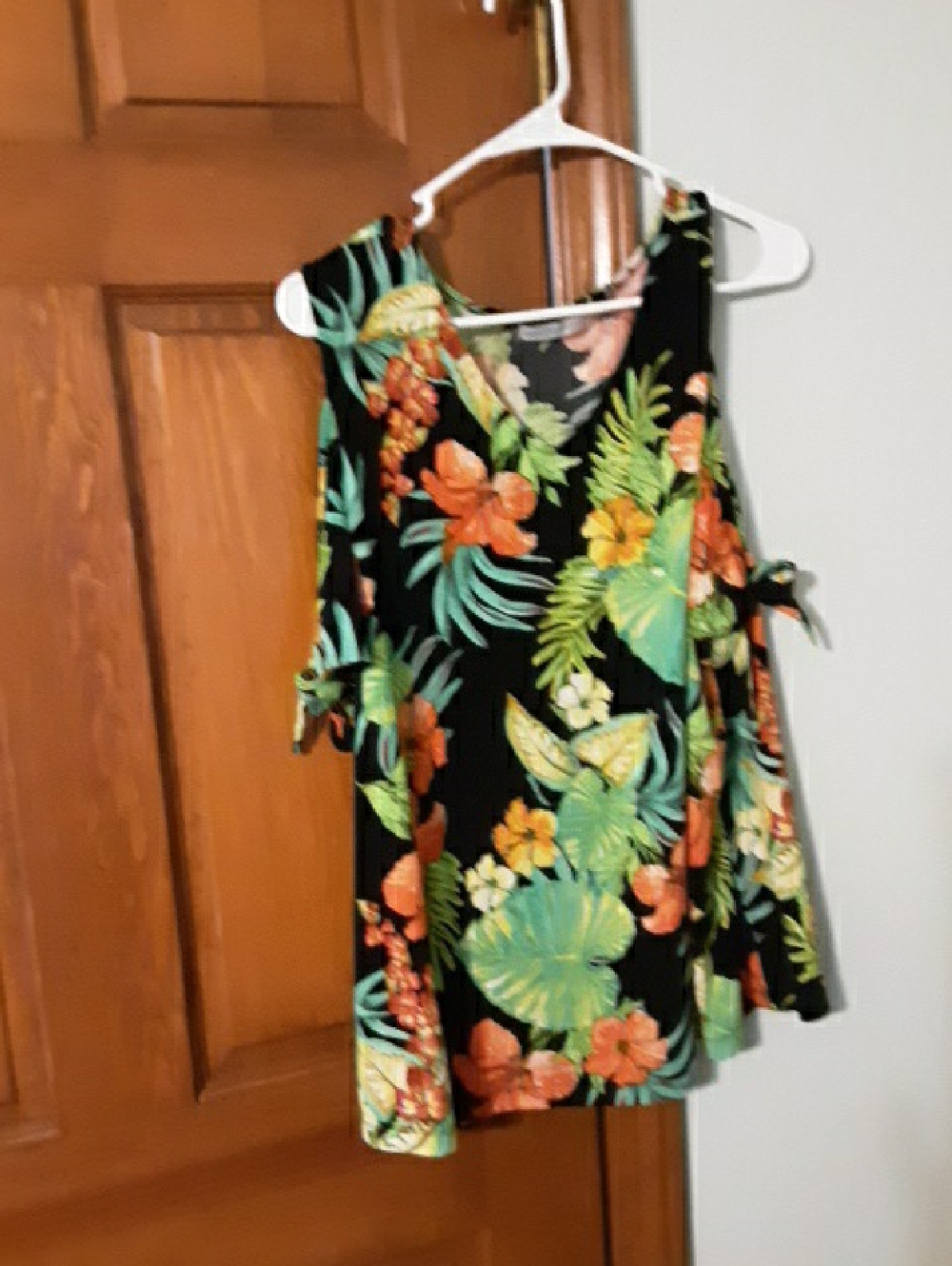 Black Tropical Cold-Shoulder Tunic with Green and Orange Floral Print